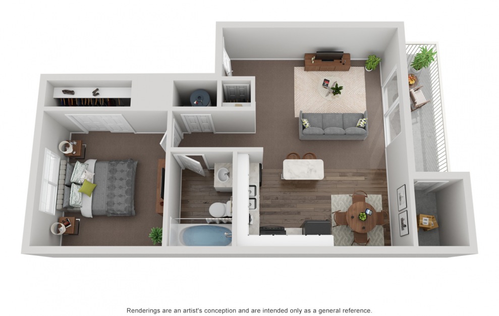 A1 - 1 bedroom floorplan layout with 1 bath and 610 square feet. (3D)