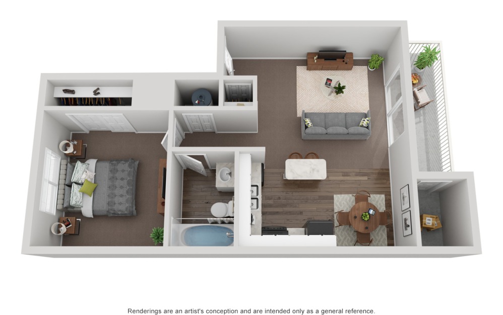 A1 - 1 bedroom floorplan layout with 1 bathroom and 610 square feet (3D)