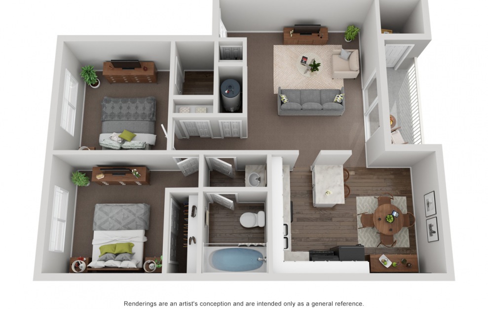 B1 - 2 bedroom floorplan layout with 1 bath and 770 square feet. (3D)